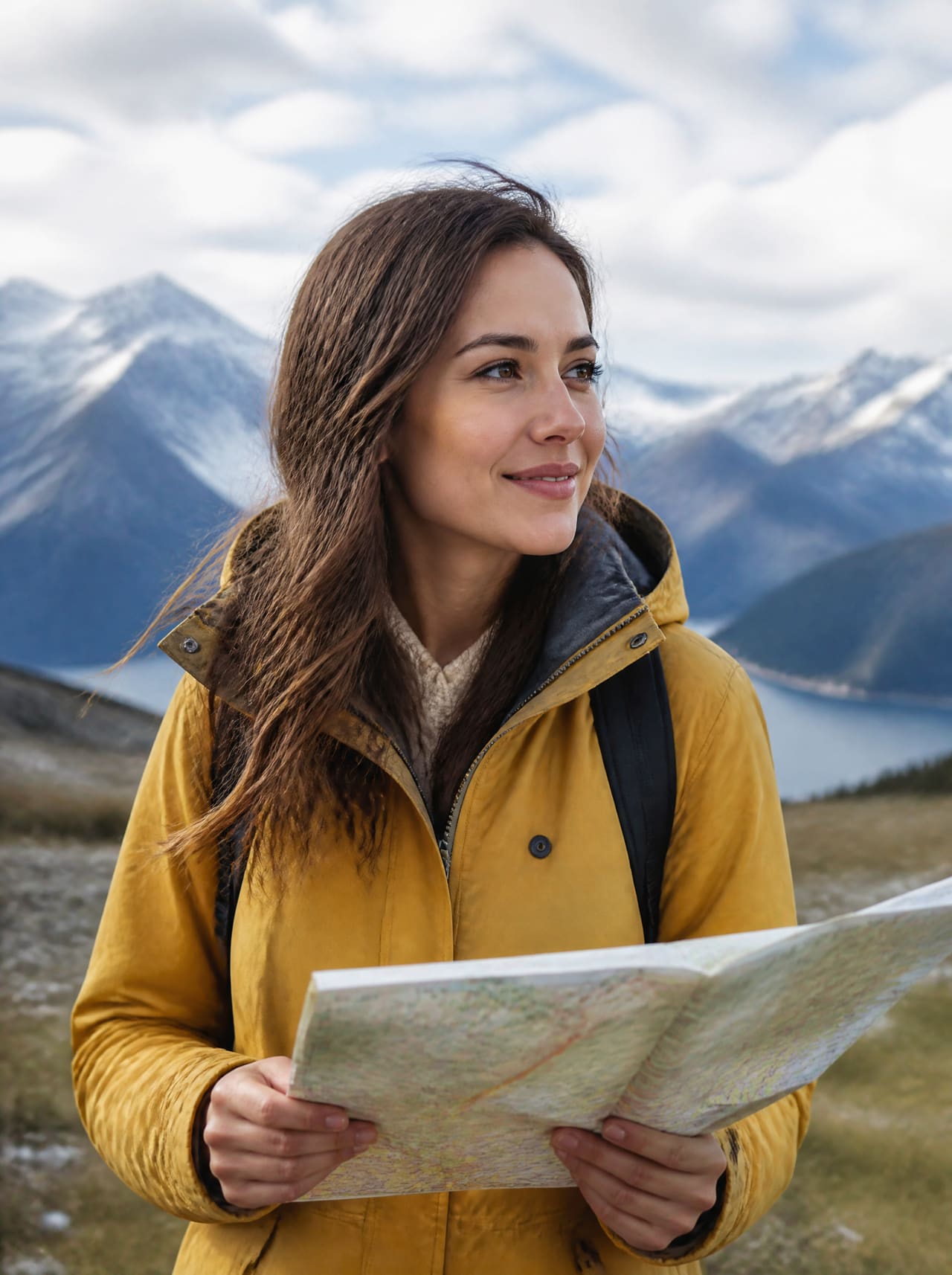 Voyageuse en veste chaude, portrait en montagne