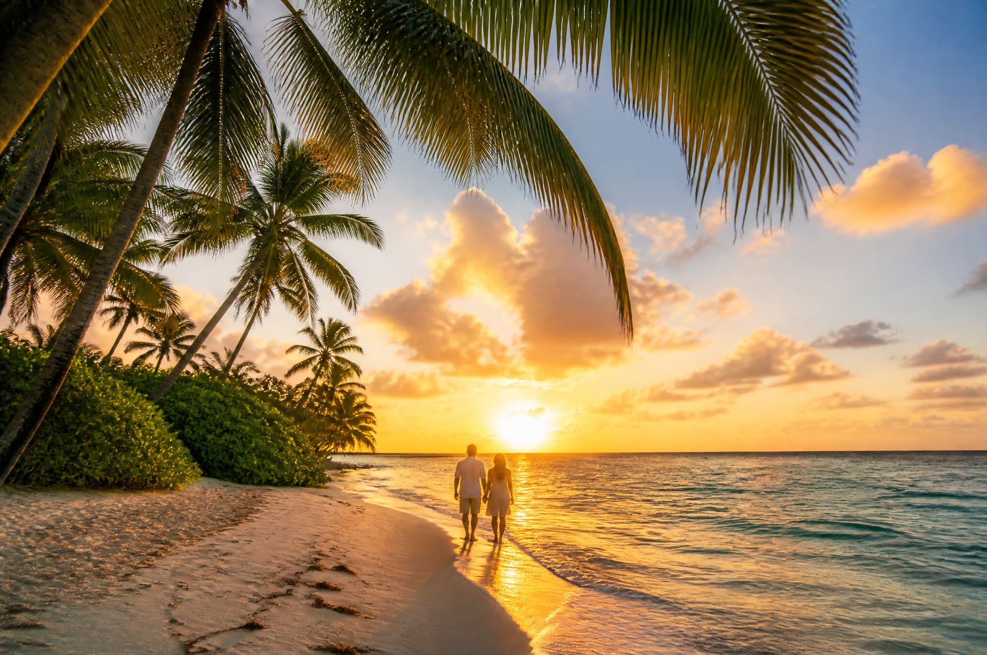 Plage bordée de palmiers au soleil couchant